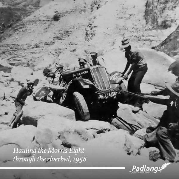 Hauling and Morris Eight through the riverbed in 1958