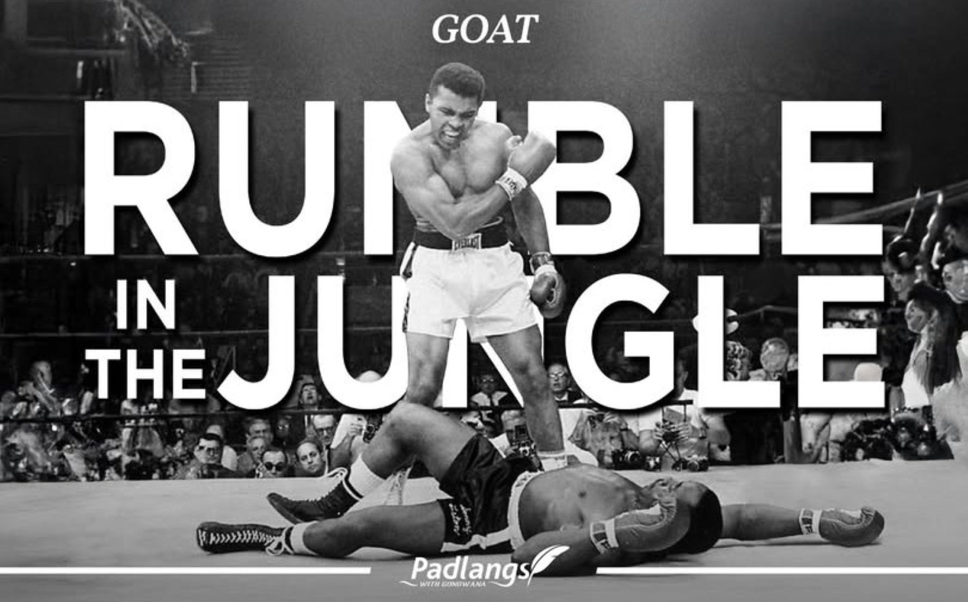 Vintage boxing scene showing Muhammad Ali in the ring during the 1974 Rumble in the Jungle against George Foreman.